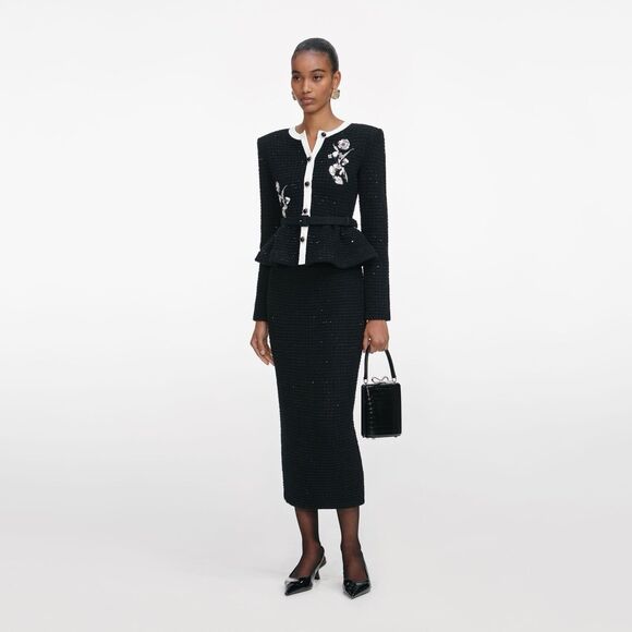 NWOT Self-Portrait BLACK FLORAL TEXTURED KNIT MIDI DRESS, special occasion dress - Picture 2 of 16